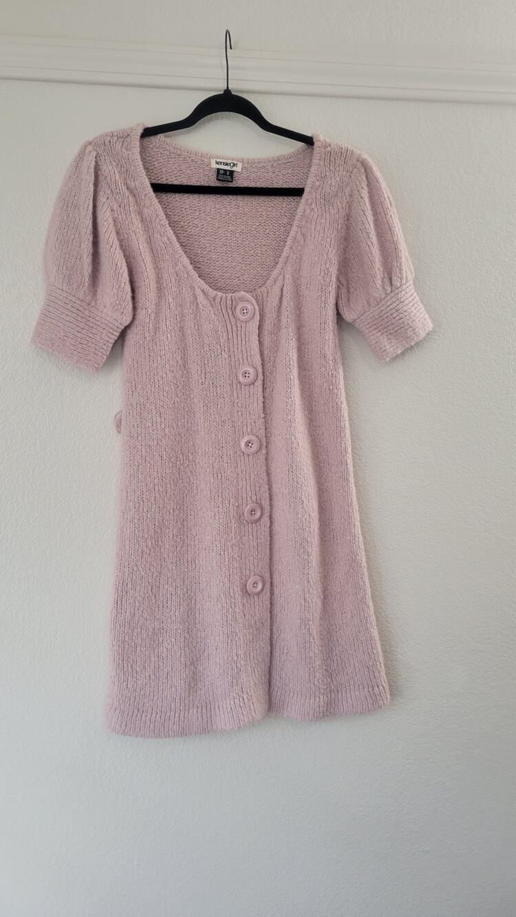 Kensie Girl Sweater Dress Womens M Pink Wool Blend Button Front Puff Sleeve Knit